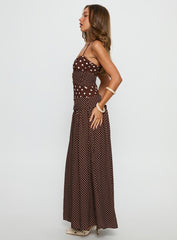 Marguerite Halter Maxi Dress Brown Polka Dot